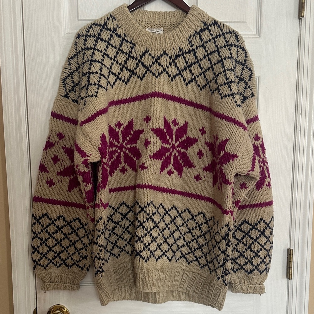 Vintage Beige, Purple, blue Snowflake Sweater 
100%wool- Made in Ecuador